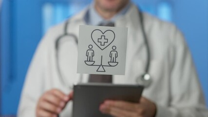 Medical professional interacting with digital tablet, displaying health equity balance icon on transparent board, highlighting fair healthcare access and patient centered medical communication - Powered by Adobe