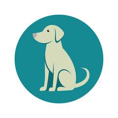 Simple cartoon illustration of a sitting dog inside of a teal green circle