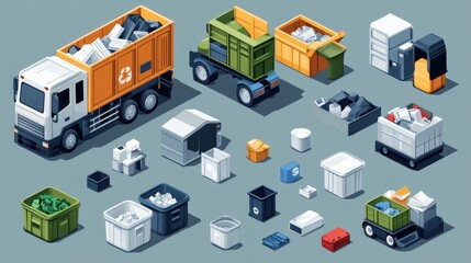 Isometric illustration of waste disposal and recycling process, showing trucks, bins, and containers filled with various types of waste.