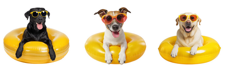 Happy dogs wearing sunglasses sitting on yellow matte inflatable swim rings, summer vacation theme, transparent background, perfect for pet ads, greeting cards, or summer design