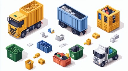 Isometric illustration of waste disposal trucks, bins, and recycling containers.