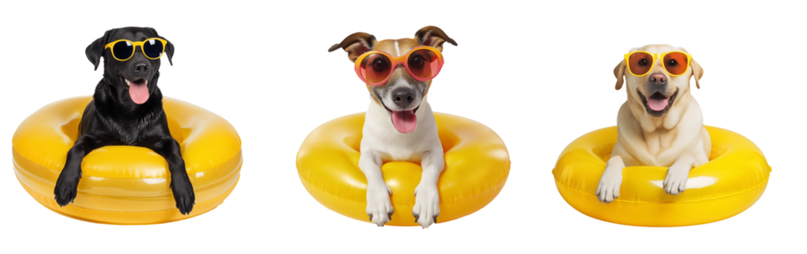 Happy dogs wearing sunglasses sitting on yellow matte inflatable swim rings, summer vacation theme, transparent background, perfect for pet ads, greeting cards, or summer design