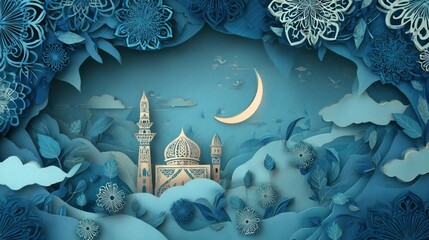 Islamic landscape, mosque, twilight, paper cut, floral, mystical