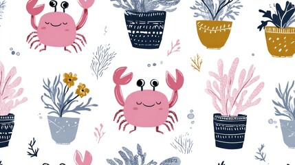 Cute crab and plants seamless pattern