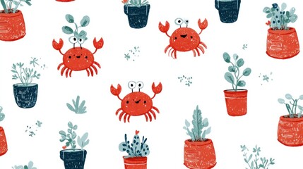 Cute crabs and plants in pots, a whimsical pattern