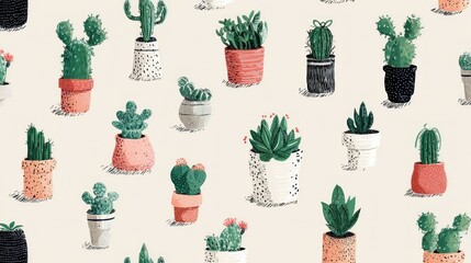 Succulents and cacti in various pots, a repeating pattern