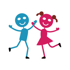 Cheerful cartoon illustration of two smiling children playing and joyfully dancing together