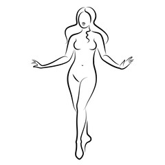 Silhouette of a nice lady, she is standing. The girl has a beautiful naked figure. The woman is a young sexy and slender model. Vector illustration