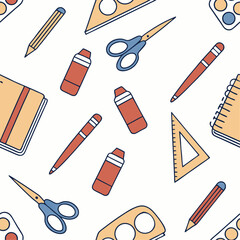 A seamless pattern of colorful school supplies—pencils, erasers, notebooks, paintbrushes, and rulers
