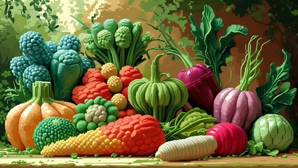Pixel Art Vegetables Set on  Background
