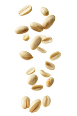 A close up shot of several shelled peanuts falling down against a black background in a studio shot