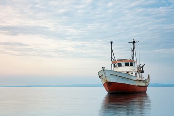 Fototapeta premium Old fishing boat adrift in still water at dawn