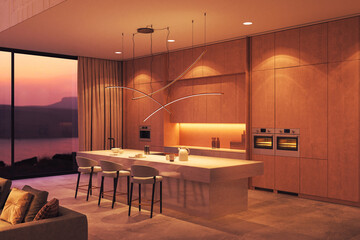Minimalist luxury kitchen with sunset view and sculptural lighting