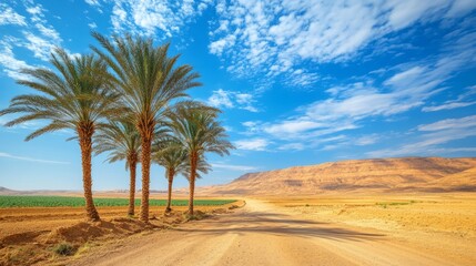 Scenic Desert Road with Palm Trees and Blue Sky