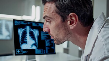 Doctor viewing chest xray in clinic environment conveys diagnostics healthcare medicine trust responsibility precision expertise progress
