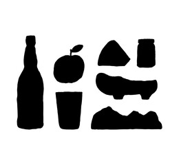 Minimalist set of traditional symbols from Northern Spain region Asturias. Hand-drawn silhouettes of cider bottle, apple, cheese, wooden clogs. Clean and simple elements 