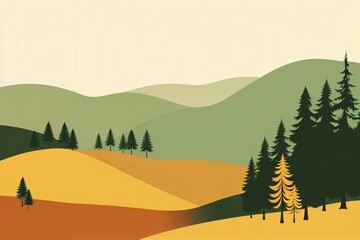 A landscape illustration with rolling hills and pine trees