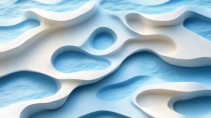 An abstract artwork presents a white topography with blue water pools