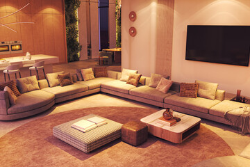 Modern cozy living room with curved sectional and ambient lighting