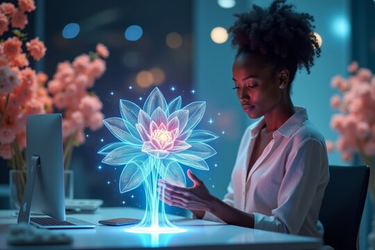African Female Designer Utilizing AI Technology to Create Digital 3D Holographic Flowers in a Modern Office Environment