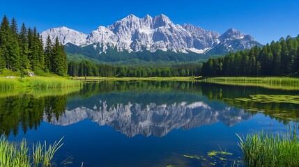 A tranquil mountain lake with a mirror-like surface reflecting the peaks