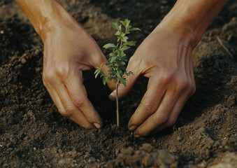 Close-up of human hands planting a small tree in soil. Symbol of sustainability, environmental awareness, and hope for the future.
