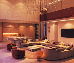 Luxury open plan living space with chandelier and modern kitchen