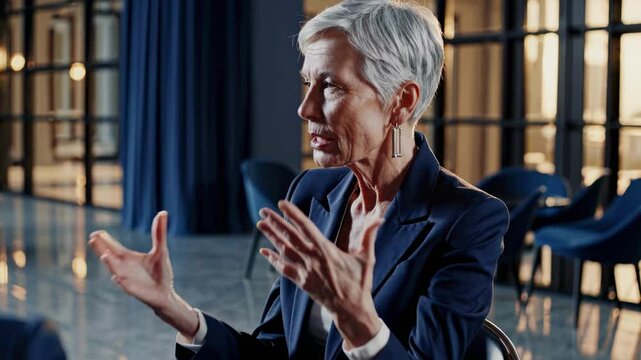 Confident woman in stylish suit expresses influential leadership with eloquent gestures in professional conference environment inspiring motivation
