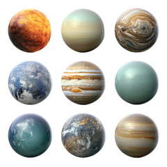 A set of nine planets in the solar system against an unknown background, showing their various colors and unique surface features