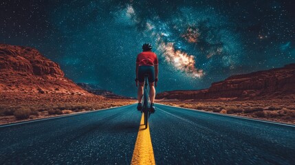 Cyclist Under a Starry Sky on an Open Road