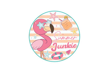 Summer Junkie – Illustration of flamingo with drink and starfish Cute Summer Sublimation Design