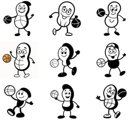 Cartoon Peanut Characters Playing Basketball – Fun Sports Mascots Set
