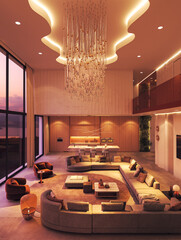 Spacious luxury living room with chandelier and open kitchen at sunset