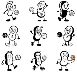 Cartoon Peanut Characters Playing Basketball – Fun Sports Mascots Set