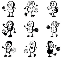 Cartoon Peanut Characters Playing Basketball – Fun Sports Mascots Set