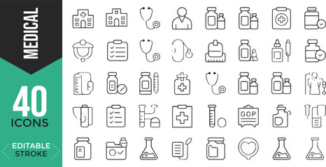 Medical & Healthcare Line Icon Set – Editable Stroke, Vector Illustration

