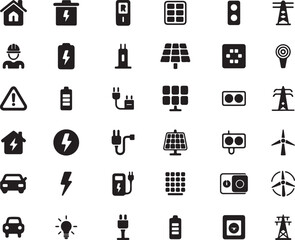 Renewable Energy and Electric Vehicle Icons Set on Transparent Background