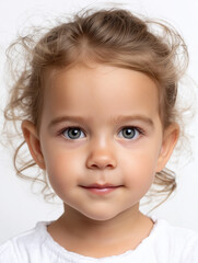 Bezauberndes Kleinkind mit gro&szlig;en blauen Augen und lockigen Haaren blickt unschuldig in die Kamera
