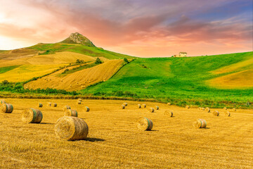 scenic agricultural landscape of summer season golden field with hay stacks during sunset or...