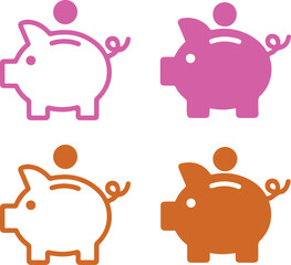 Piggy Bank Icons, Pink and Orange Variations on Transparent Background, Minimalist Style
