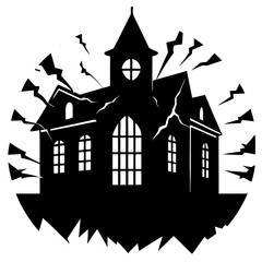 Abandoned asylum with broken window silhouette vector illustration 