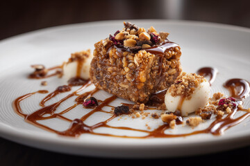 Plated gourmet dessert with sauce and nut topping
