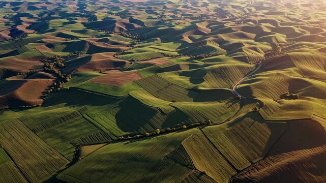 Rolling hills and patchwork fields create rural landscape agricultural patterns harmony texture food security farming tradition
