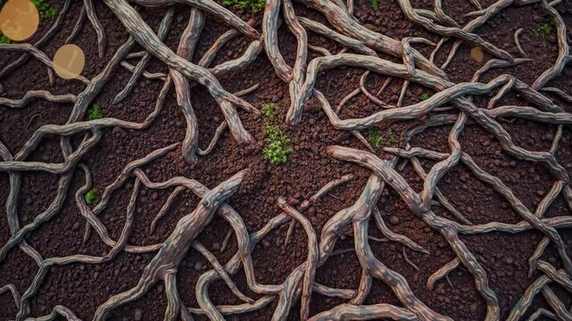 Intertwined surface roots form complex organic network expressing resilience nature adaptation overcoming obstacles continuous growth