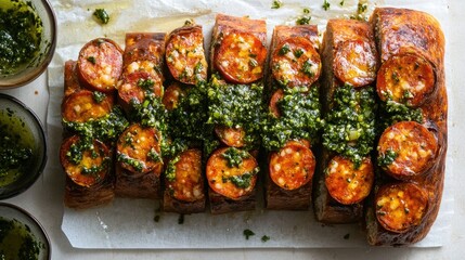 Argentine-style choripan sliced open to show juicy chorizo and green chimichurri, white background