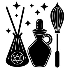 Flat line art of witch tools silhouette vector illustration 
