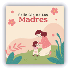 Feliz Dia de la Madre, Happy Mother's Day invitation card. Greeting card with pink background and red hearts, bold pink text and pink love heart pattern gradient background.