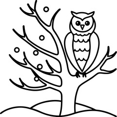 Owl on a snowy tree line art vector illustration 