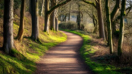 Obraz premium A tranquil woodland path with dappled sunlight filtering through the trees 