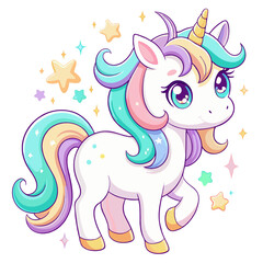 A cute and magical unicorn with a rainbow mane and tail, surrounded by stars